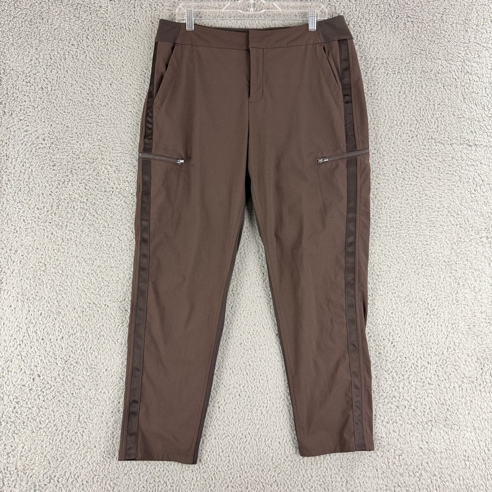 Athleta Womens 16 Brown Cargo Pants Tuxedo Stripe Zip Pockets Activewear Travel